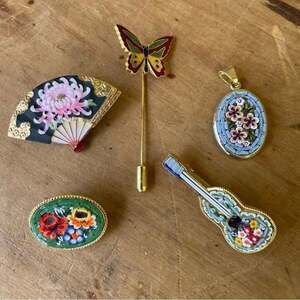 Vintage Toshikane Chrysanthemum Fan Pin Micro Mosaic Pins & Pendant Butterfly
